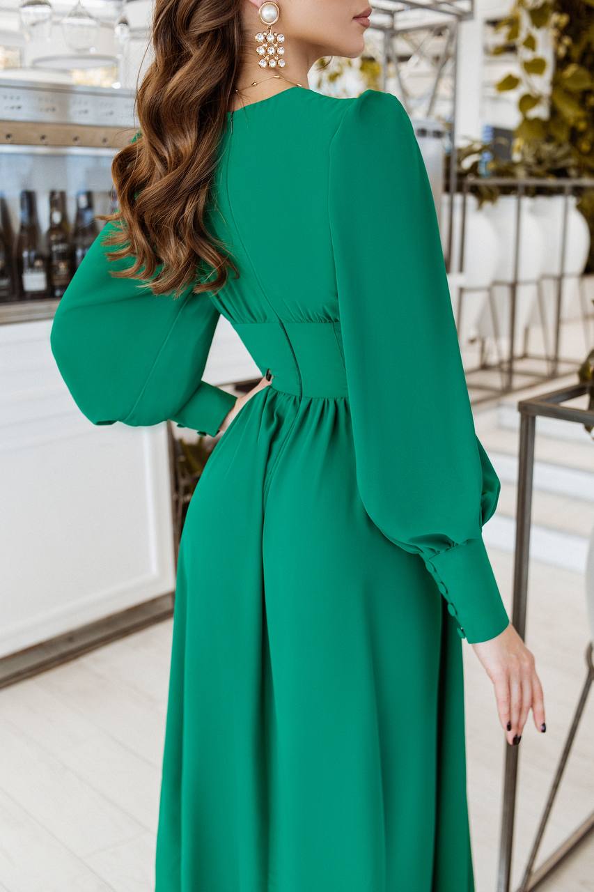 V-neck Buttoned Puff-Sleeve Midi Dress