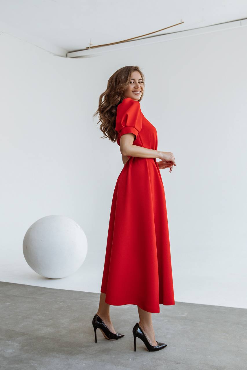 Buttoned Puff-Sleeve Midi Dress