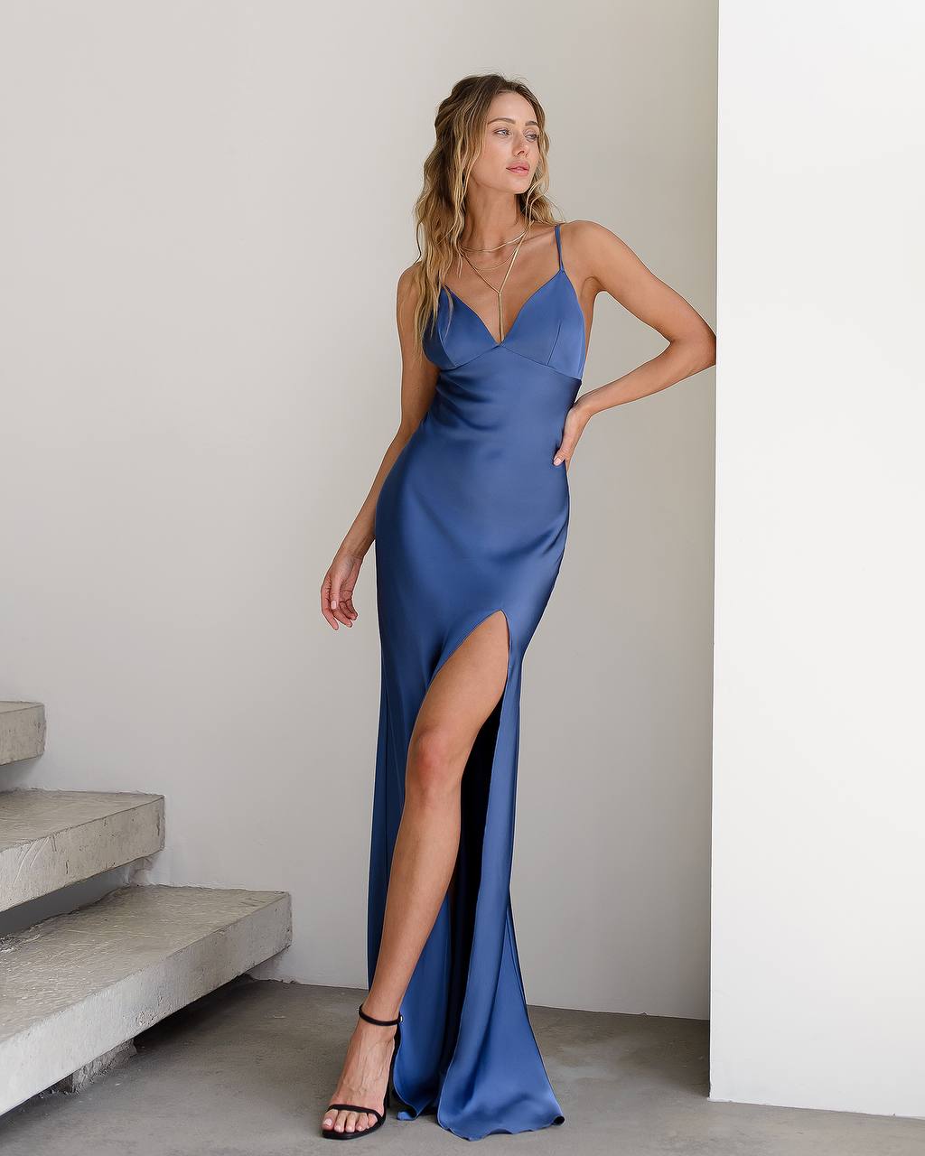 Satin Thigh-Slit Slip Dress