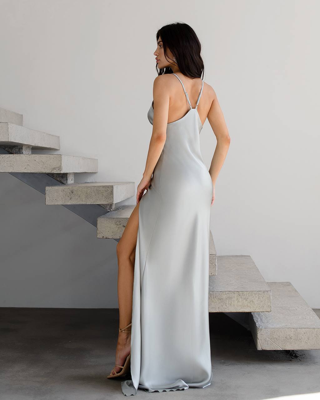 Satin Thigh-Slit Slip Dress