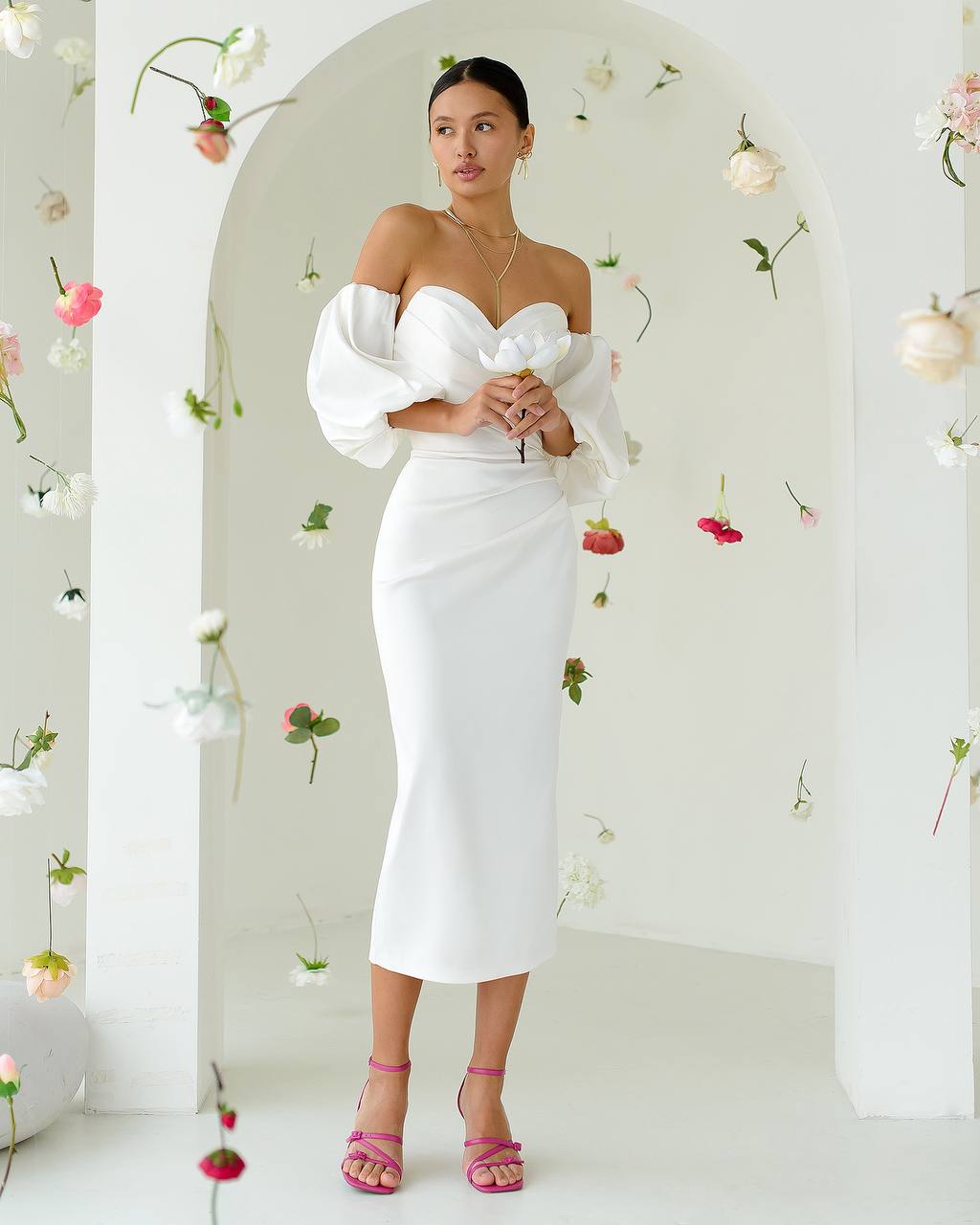 Satin Sweetheart Puff-Sleeve Midi Dress