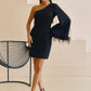 One-Shoulder Feather Sleeve Mini Dress