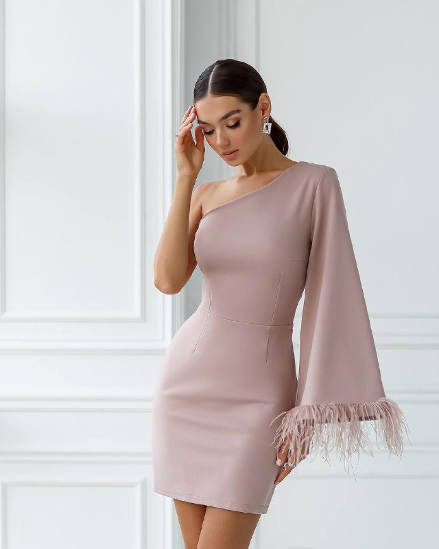 One-Shoulder Feather Sleeve Mini Dress