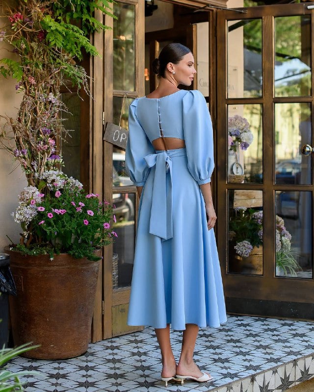 Backless Puff Sleeve Midi Dress