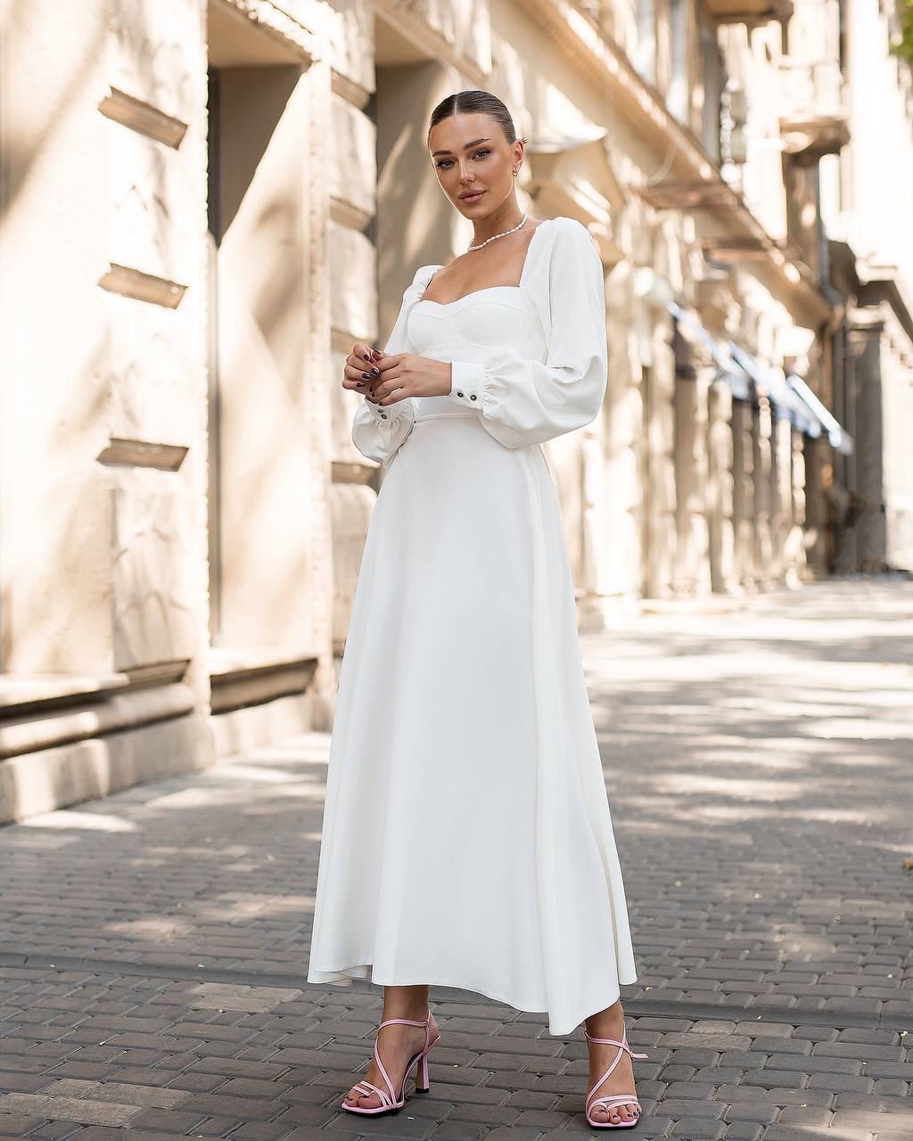 Puff-Sleeve Midi Dress