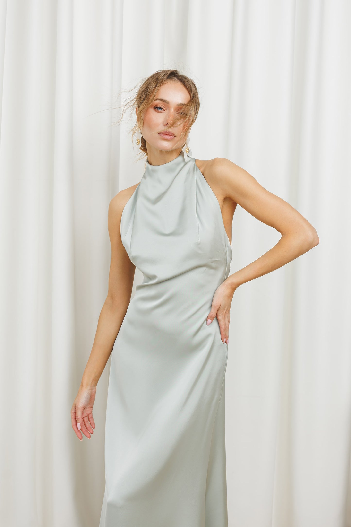 Satin Tie-Neck Halter Maxi Dress
