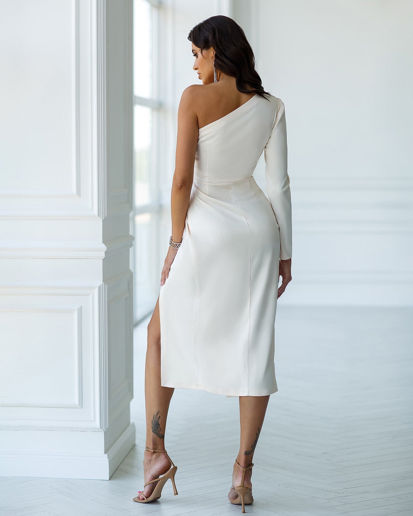 Satin One-Shoulder Cut-Out Midi Dress