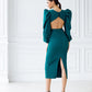 Backless Cut-Out Puff-Sleeve Midi Dress