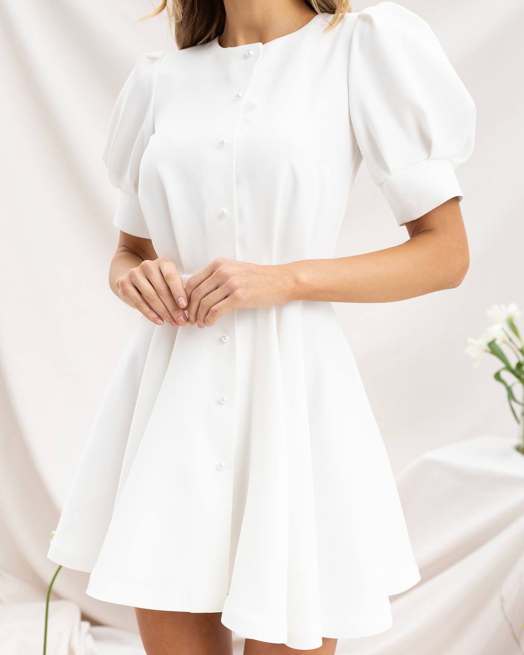 Buttoned Puff-Sleeve Mini Dress