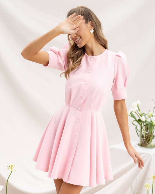 Buttoned Puff-Sleeve Mini Dress