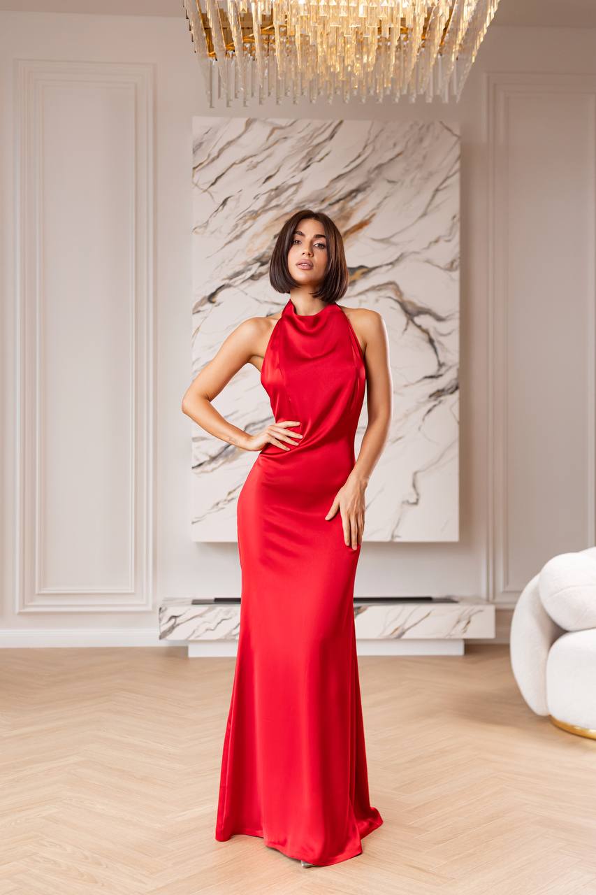 Satin Tie-Neck Halter Maxi Dress