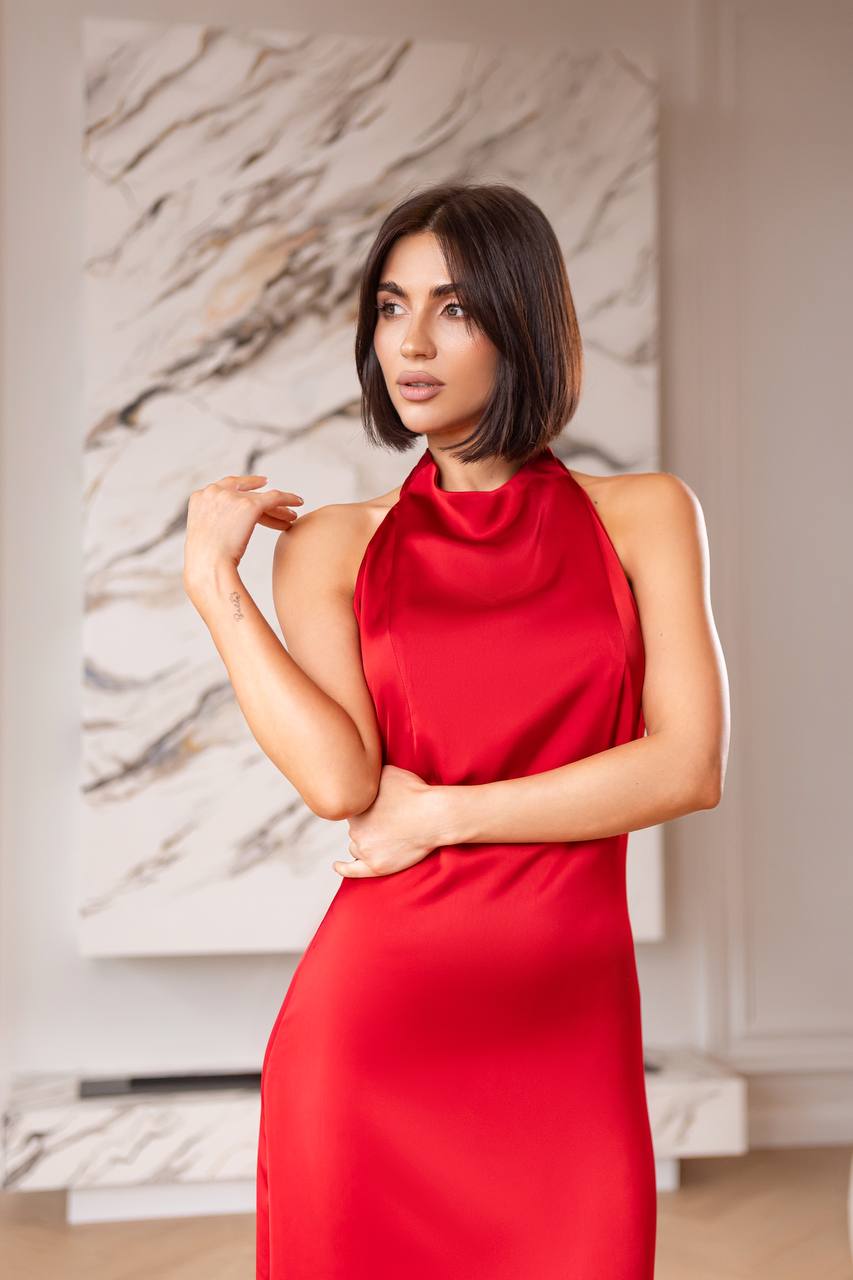 Satin Tie-Neck Halter Maxi Dress