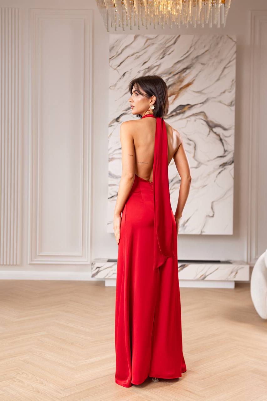 Satin Tie-Neck Halter Maxi Dress