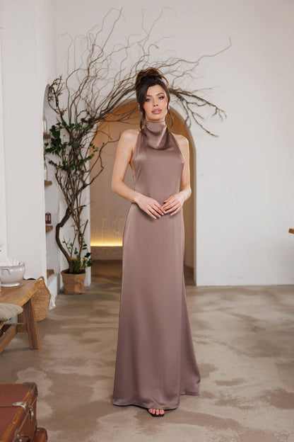 Satin Tie-Neck Halter Maxi Dress