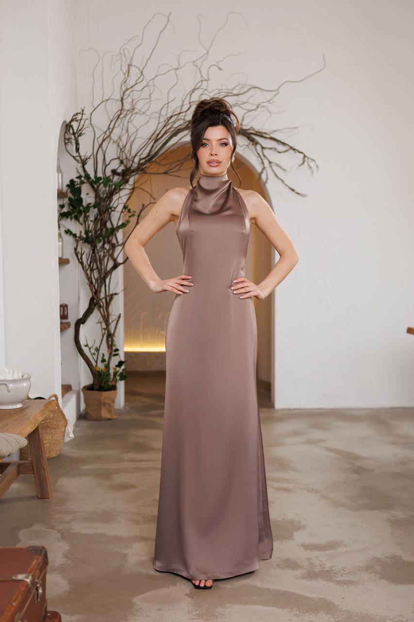 Satin Tie-Neck Halter Maxi Dress
