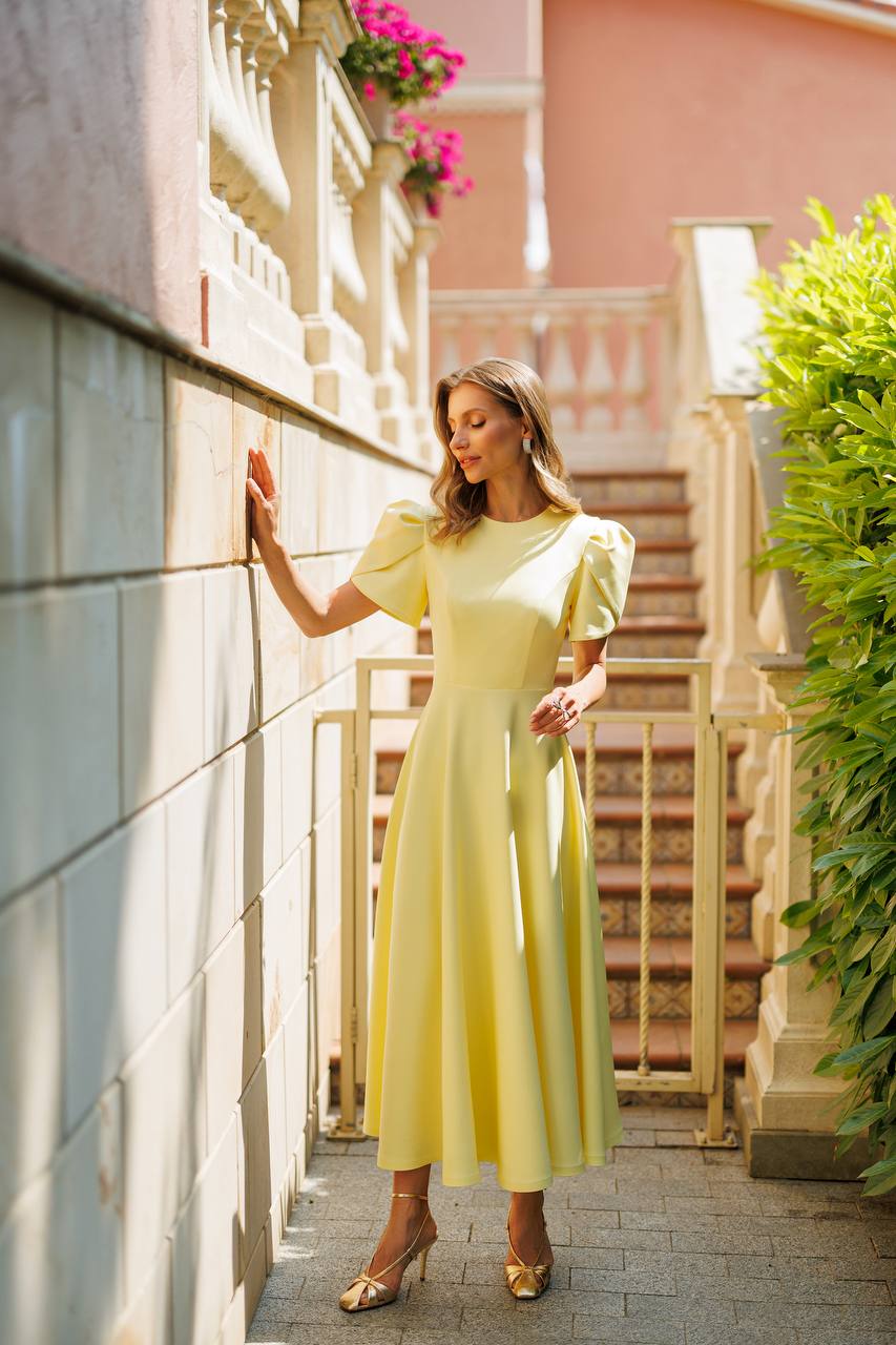 Alexa Round Neck Puff-Sleeve Midi Dress