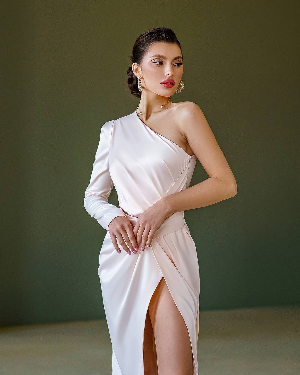 Satin One-Shoulder Cut-Out Midi Dress