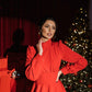 Cocktail High Neck Midi Dress With Long Sleeves & Fluffy Skirt