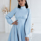 Cocktail High Neck Midi Dress With Long Sleeves & Fluffy Skirt