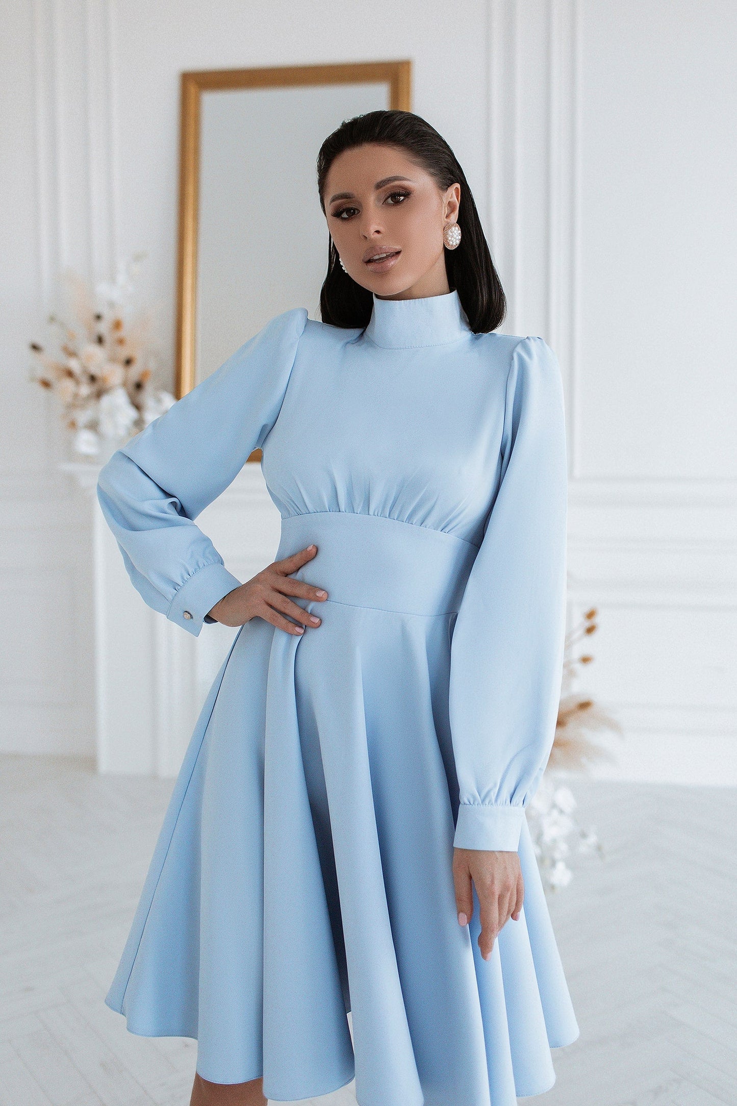 Cocktail High Neck Midi Dress With Long Sleeves & Fluffy Skirt