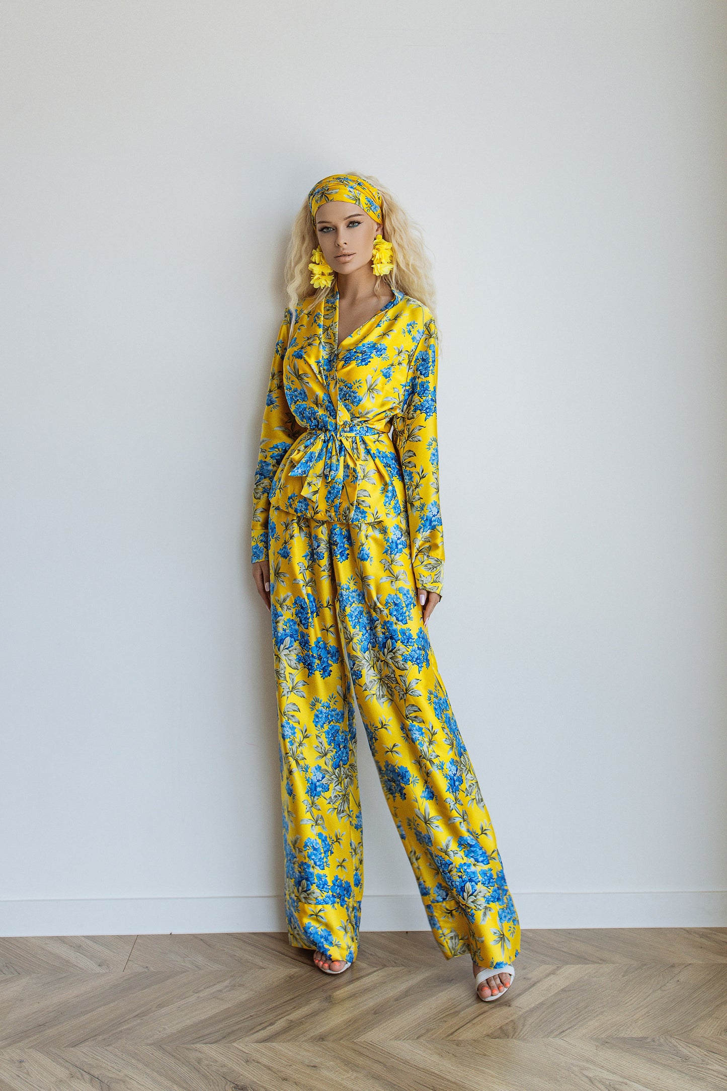 Yellow With Blue Floral Print Summer Oversized Silk Pajama Suit
