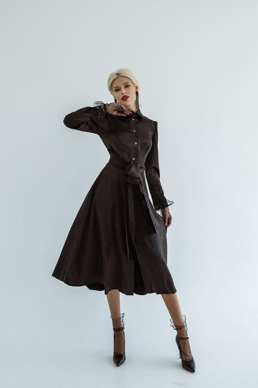 Satin Midi Dress Sheath Long Sleeve & Collared Neckline