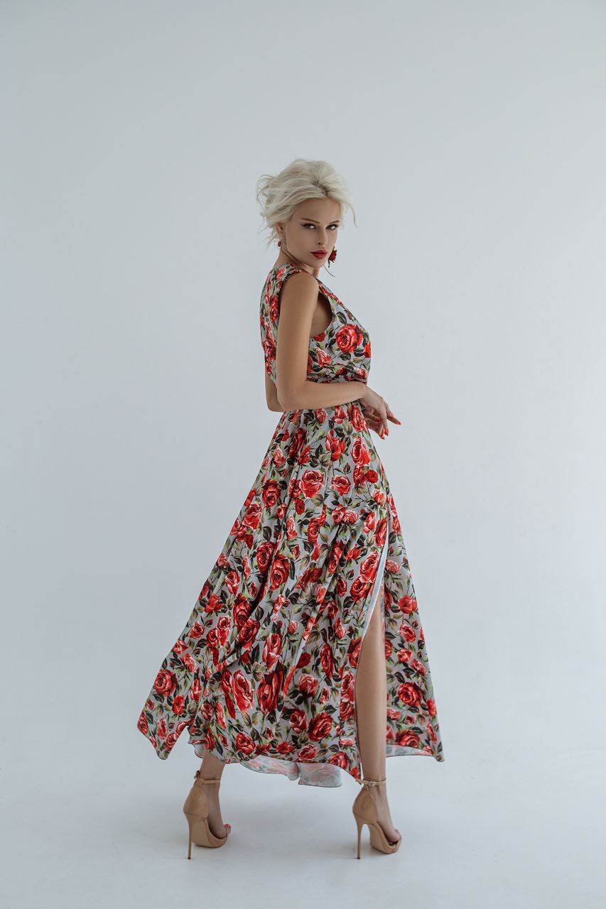 Red Rose Print Silk Maxi Sleeves Dress With Fluffy Skirt