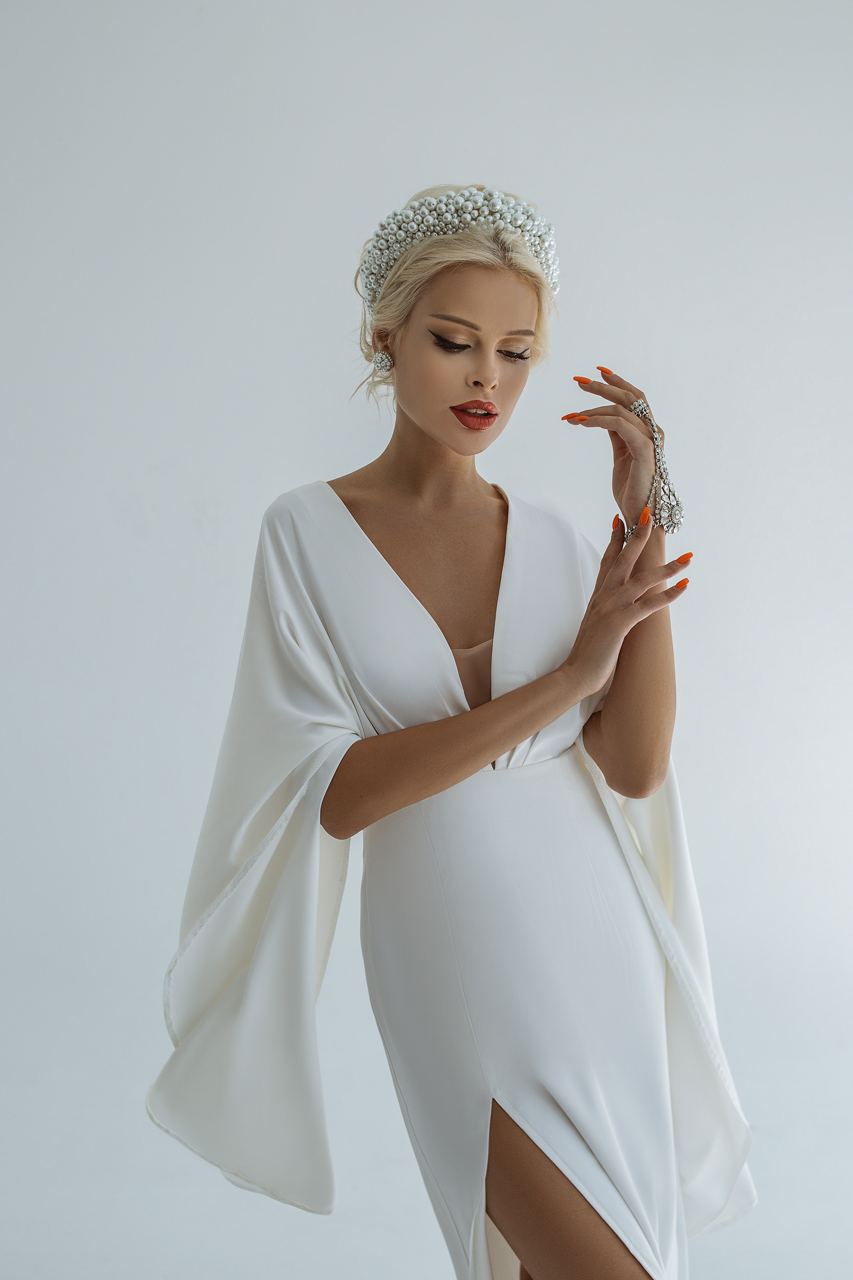 Evening Maxi Dress With Long Flared Angel Sleeves with Deep V And High Slit