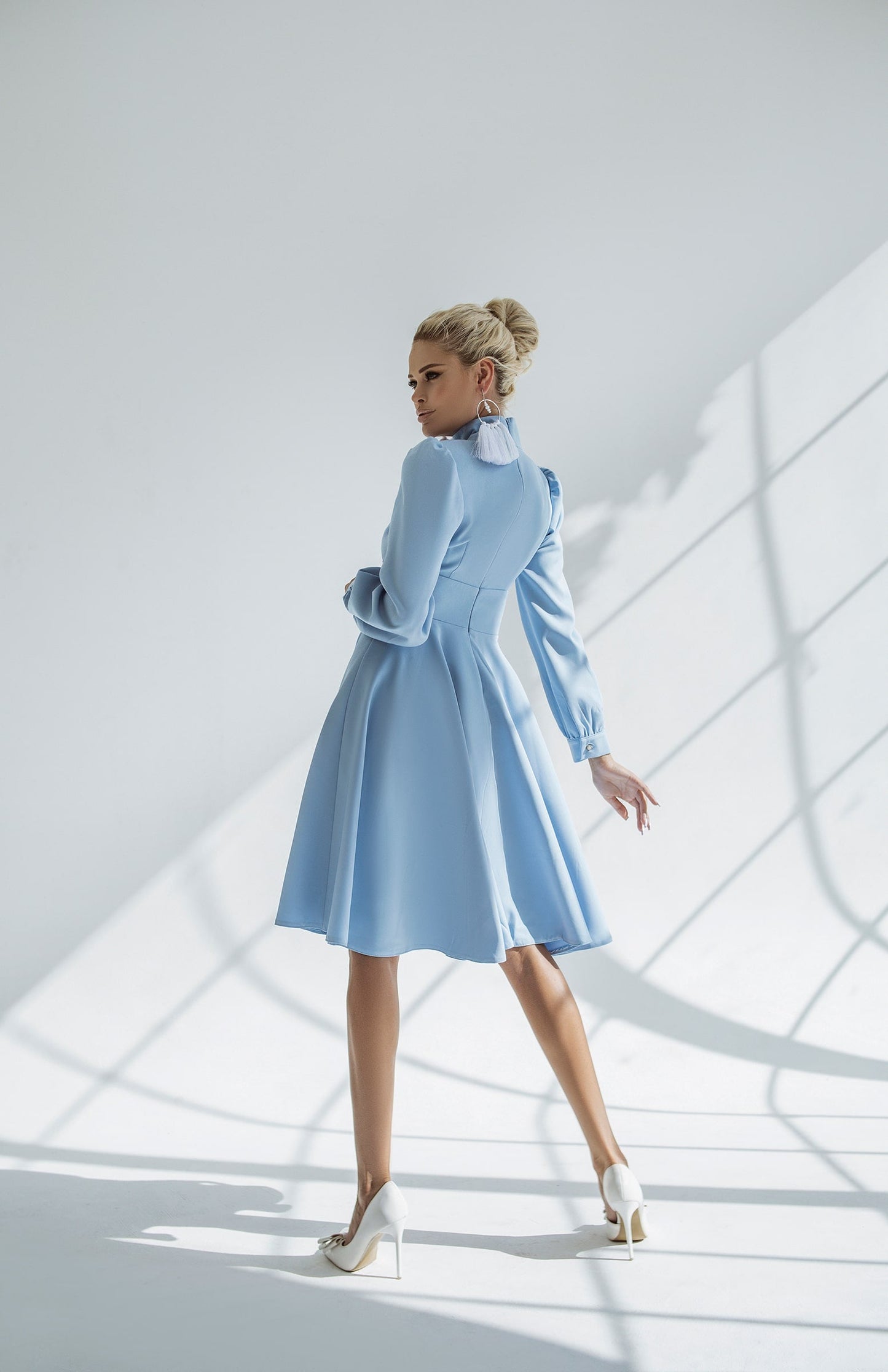 Cocktail High Neck Midi Dress With Long Sleeves & Fluffy Skirt