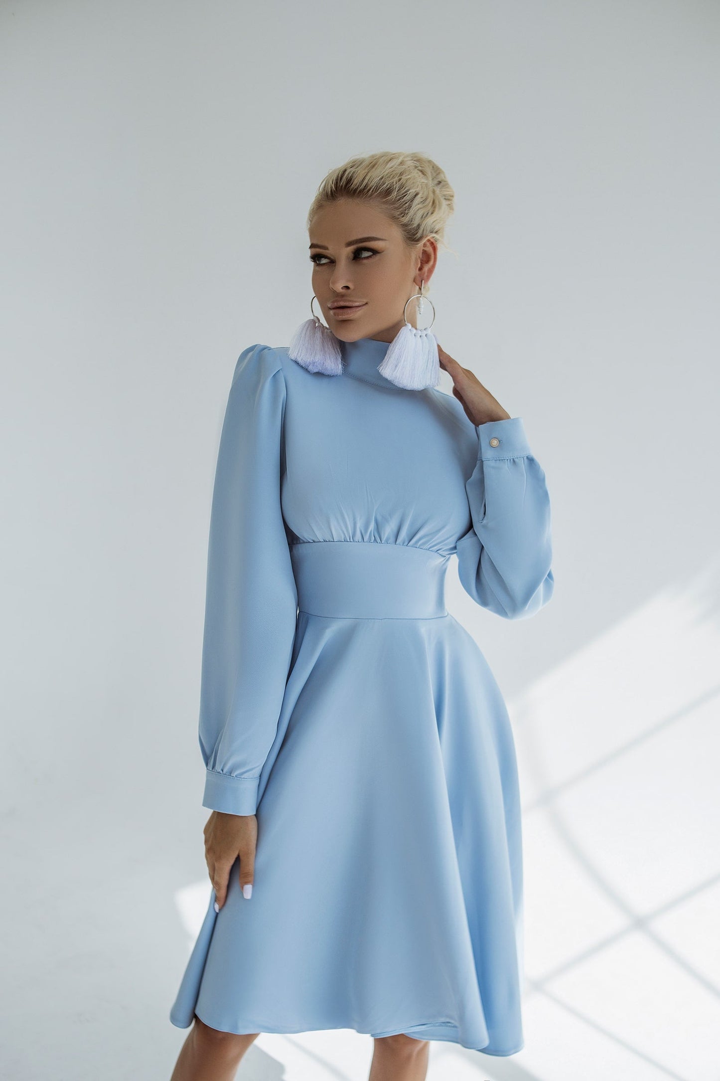 Cocktail High Neck Midi Dress With Long Sleeves & Fluffy Skirt