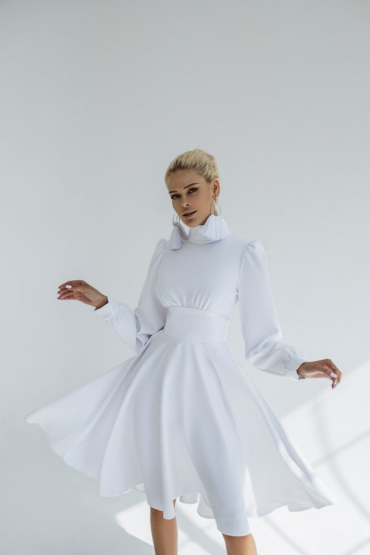 Cocktail High Neck Midi Dress With Long Sleeves & Fluffy Skirt