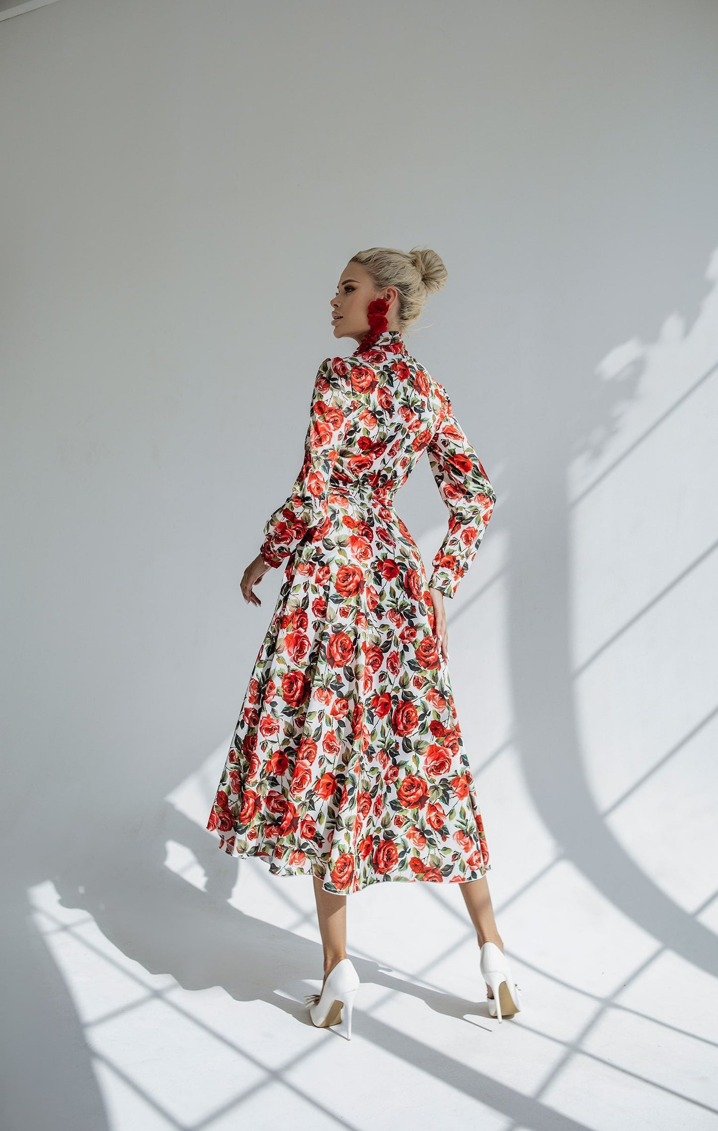 Rose Print Silk Midi Dress With Long Sleeves