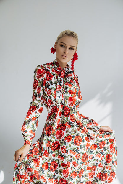 Rose Print Silk Midi Dress With Long Sleeves