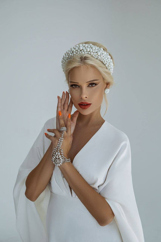 Pearl White Set Headband And Earrings Rhinestones Pearl Beads Vintage Femme