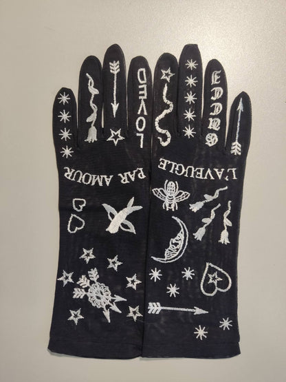 Stylish Mesh Black Gloves  with White Machine Embroidery