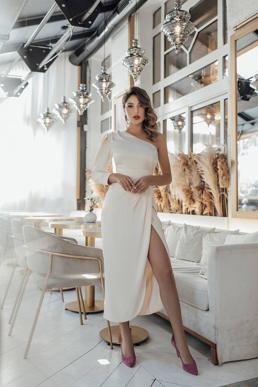 One-Shoulder Satin Midi Dress