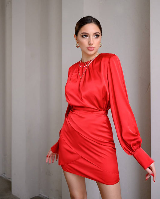 Silk Puff Sleeve Mini Dress