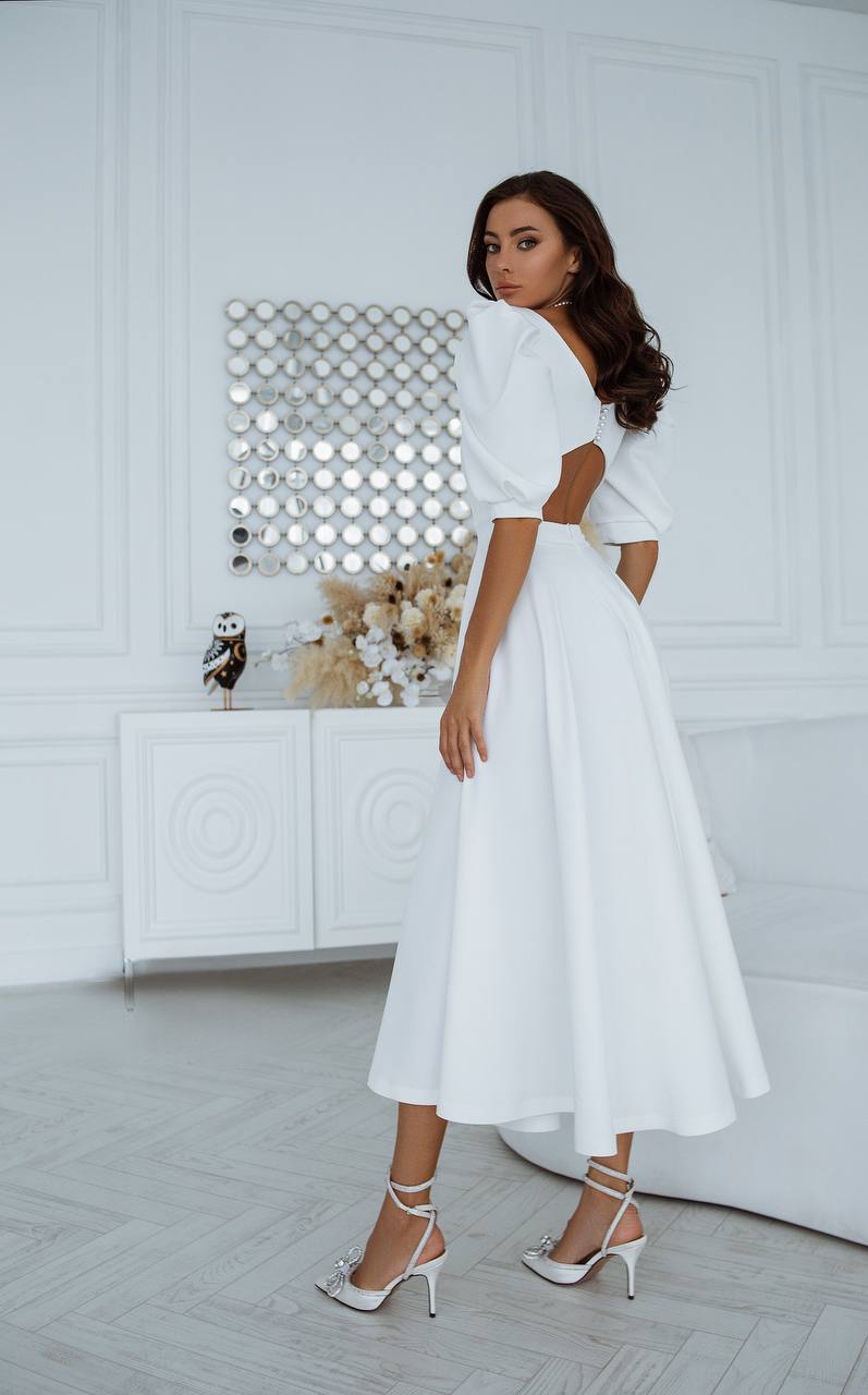 Bridal Backless Puff-Sleeve Midi Dress