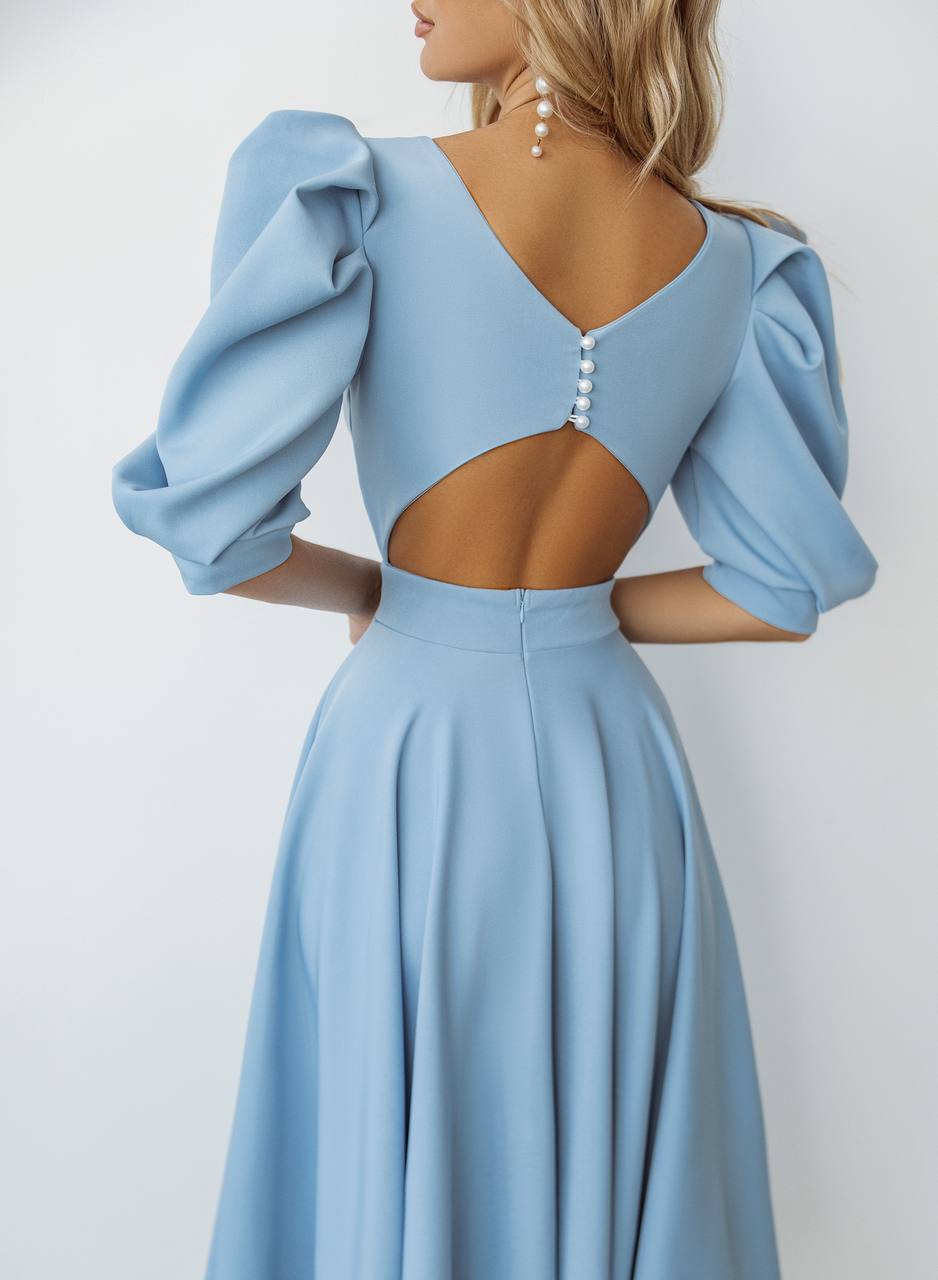 Backless Puff-Sleeve Midi Dress