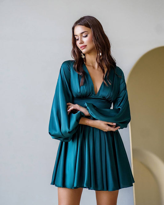Silk Puff-Sleeve Mini Dress
