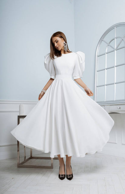 Bridal Backless Puff-Sleeve Midi Dress