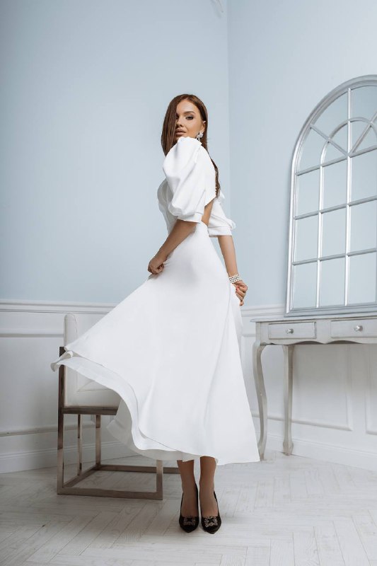 Bridal Backless Puff-Sleeve Midi Dress