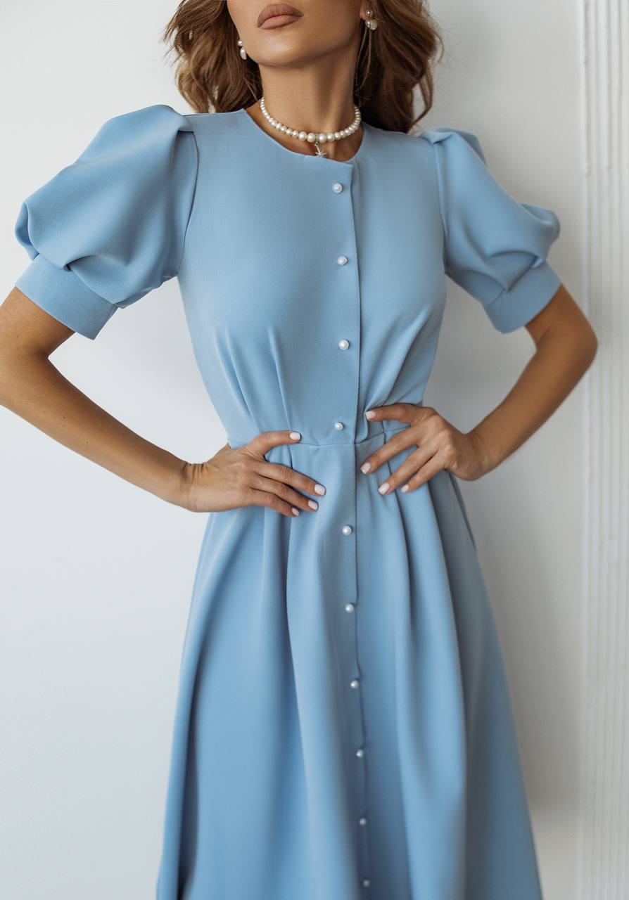 Buttoned Puff-Sleeve Midi Dress