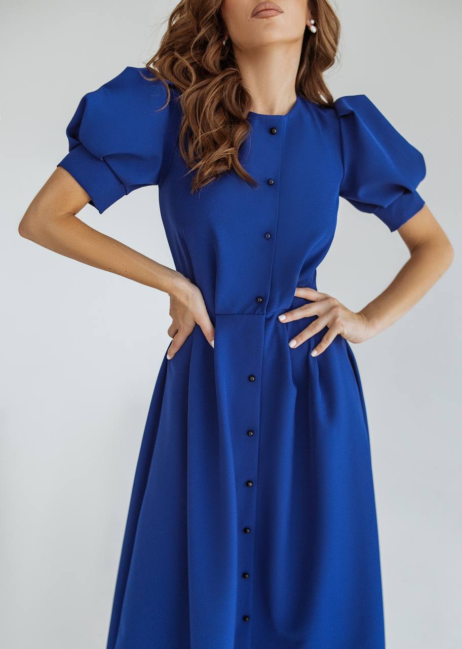 Buttoned Puff-Sleeve Midi Dress