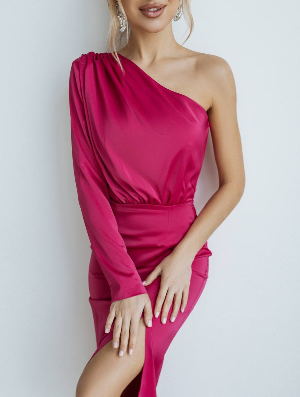 One-Shoulder Satin Midi
